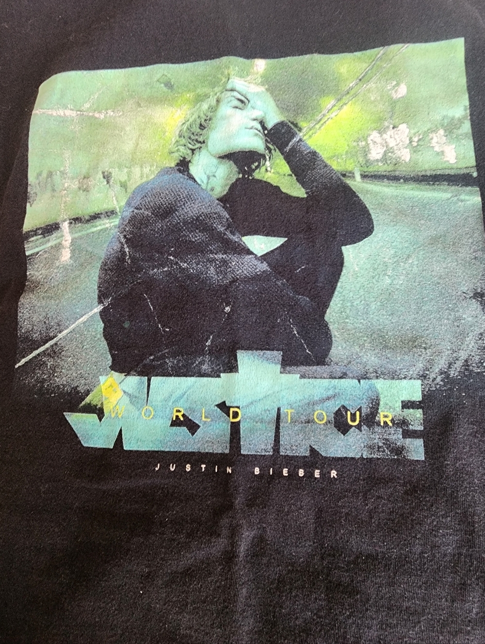 Justin Bieber JUSTICE WORLD Tour Black Tee with Green and Yellow Photo Print
